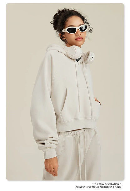 ZODF Women Hotsweet 2025 Winter Washed Fleece Crop Hoodies Girls Oversized Raglan Sleeve 400gsm Hooded Pullovers HY0648