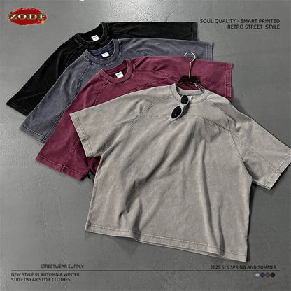 ZODF Retro 2025 Men Summer Batik Washed Cotton T-Shirts Unisex High Street Raglan Sleeve Patchwork T Shirt Brand Tees HY1062