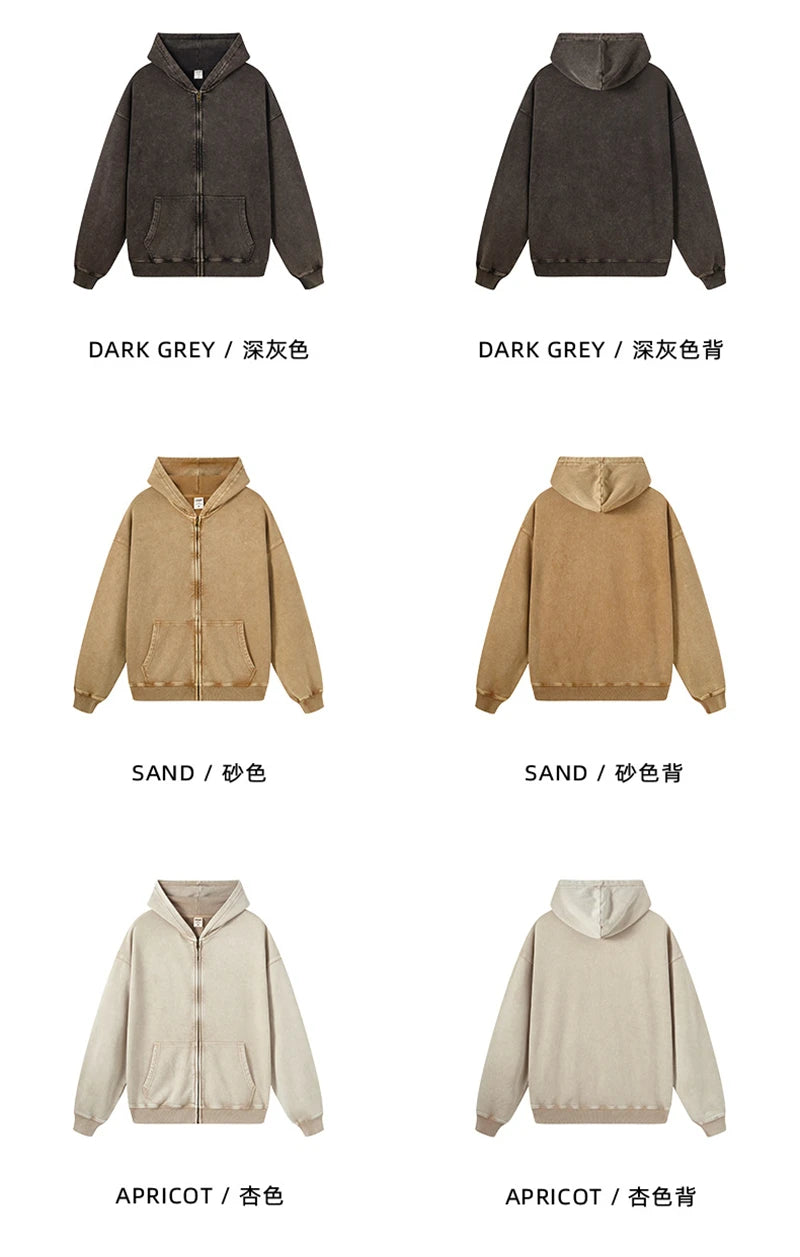 ZODF Retro Autumn Batik Washed 100% Cotton 420gsm Terry Oversized Distressed Zipper Hoodie Unisex HY0936