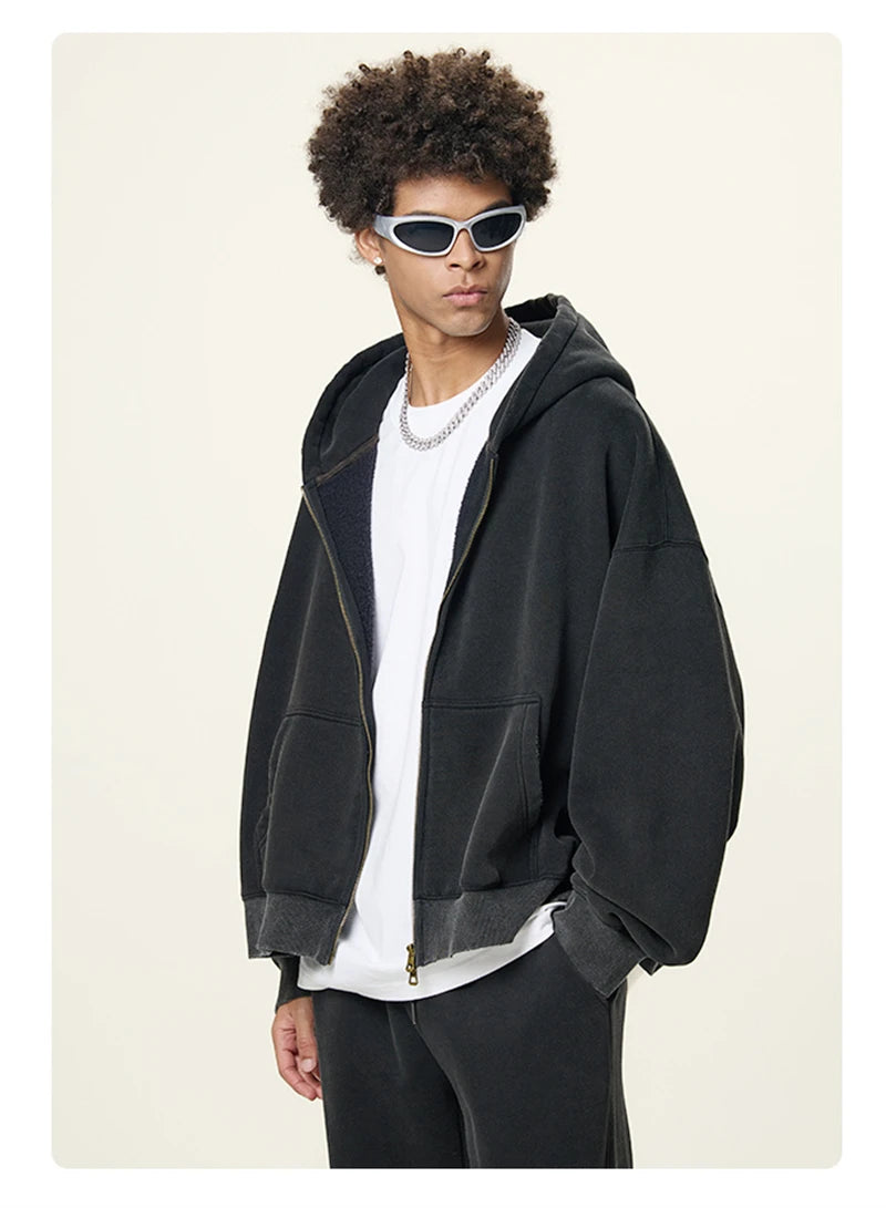 ZODF Retro Winter 350gsm Washed Zipper Fleece Hoodies For Men Unisex Loose Fit Boxy Style Thick Warm Hooded Coat Outfits HY0042