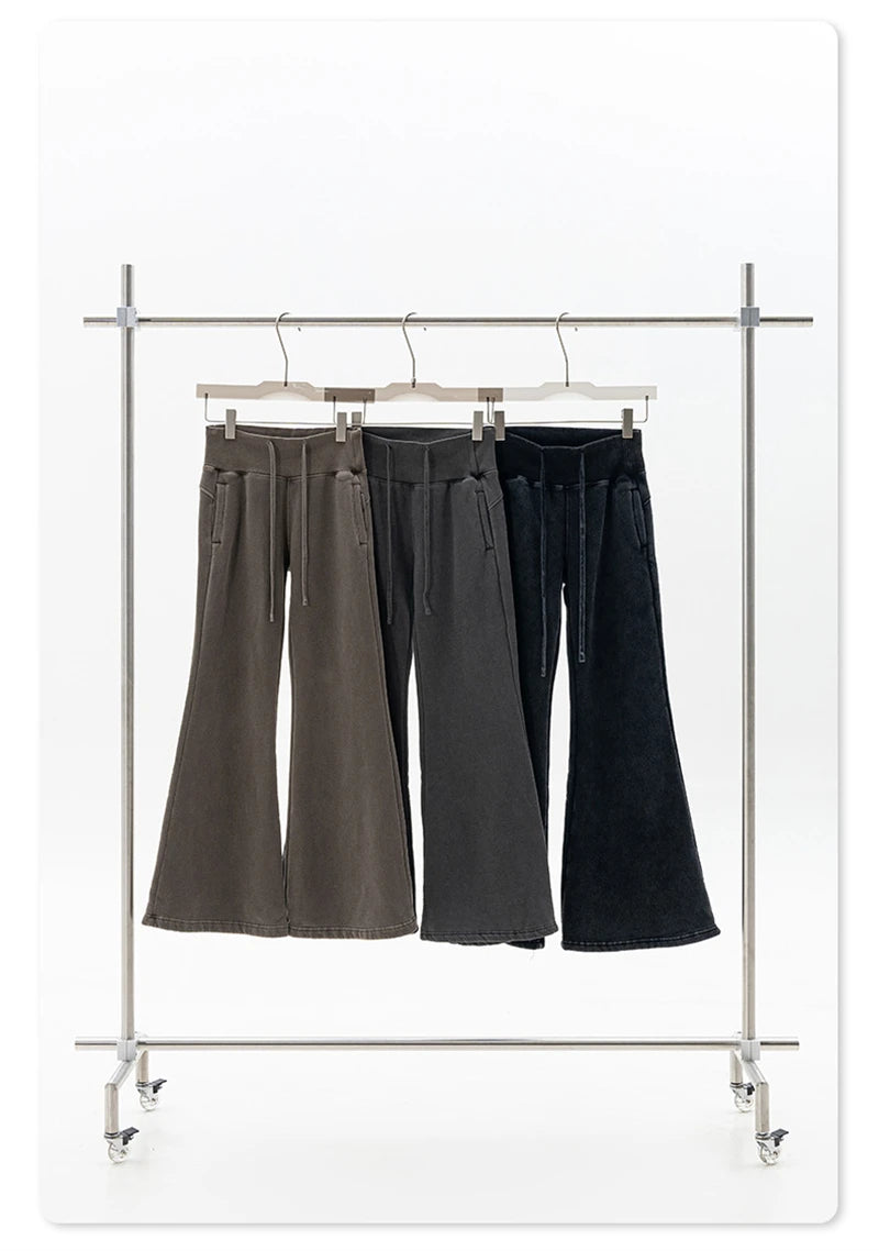 ZODF Retro Winter Women 400gsm Fleece Flared Pants Casual Girls Female Slim Fit Warm Washed Distressed Trousers HY1142