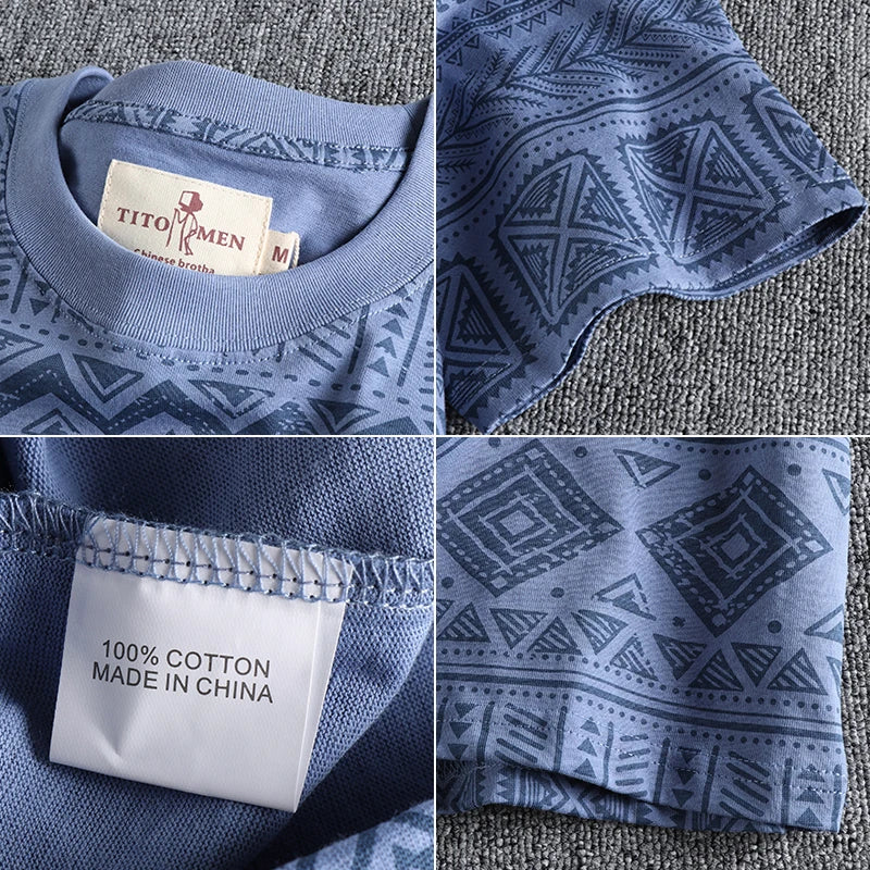 6013# Summer New American Retro Short Sleeve O-neck Geometric Printed T-shirt Men's Fashion 100% Cotton Washed Loose Casual Tops