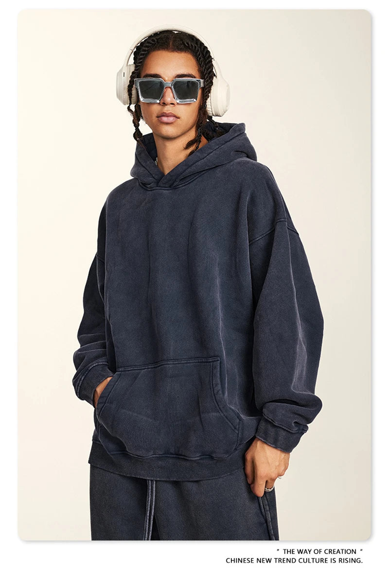 ZODF Retro Men’s Winter Washed Fleece Hoodie 360gsm Warm Knitted Loose Hooded Pullover Streetwear HY0887