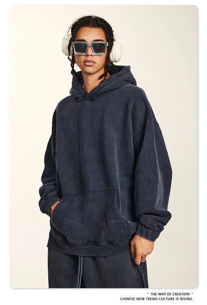 ZODF Retro Men’s Winter Washed Fleece Hoodie 360gsm Warm Knitted Loose Hooded Pullover Streetwear HY0887