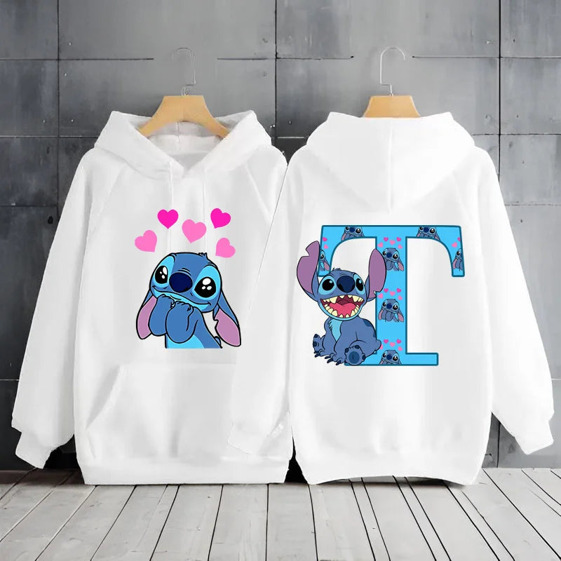 2025 Women's Winter Jacket Cute Kawaii Disney Lilo & Stitch Lucky Letter Print White Hoodie Fashion Couple Streetwear Sportswear