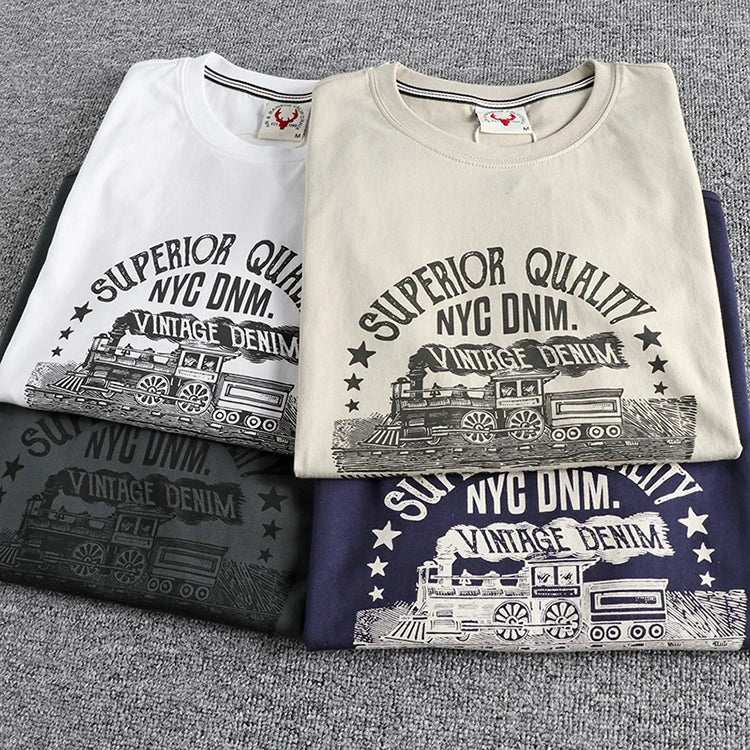 Summer American Retro Short-sleeved O-neck Locomotive Printed T-shirt Men's Fashion Simple 100% Cotton Washed Casual Sport Tops