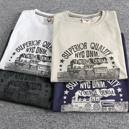 Summer American Retro Short-sleeved O-neck Locomotive Printed T-shirt Men's Fashion Simple 100% Cotton Washed Casual Sport Tops
