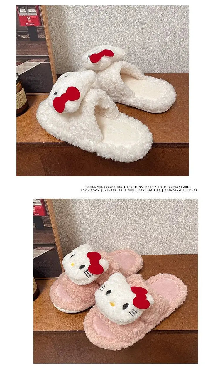 New Sanrio Sweet Hello Kitty Warm Cotton Slippers For Student Dormitory Comfortable One Word Hairy Adult Cotton Slippers