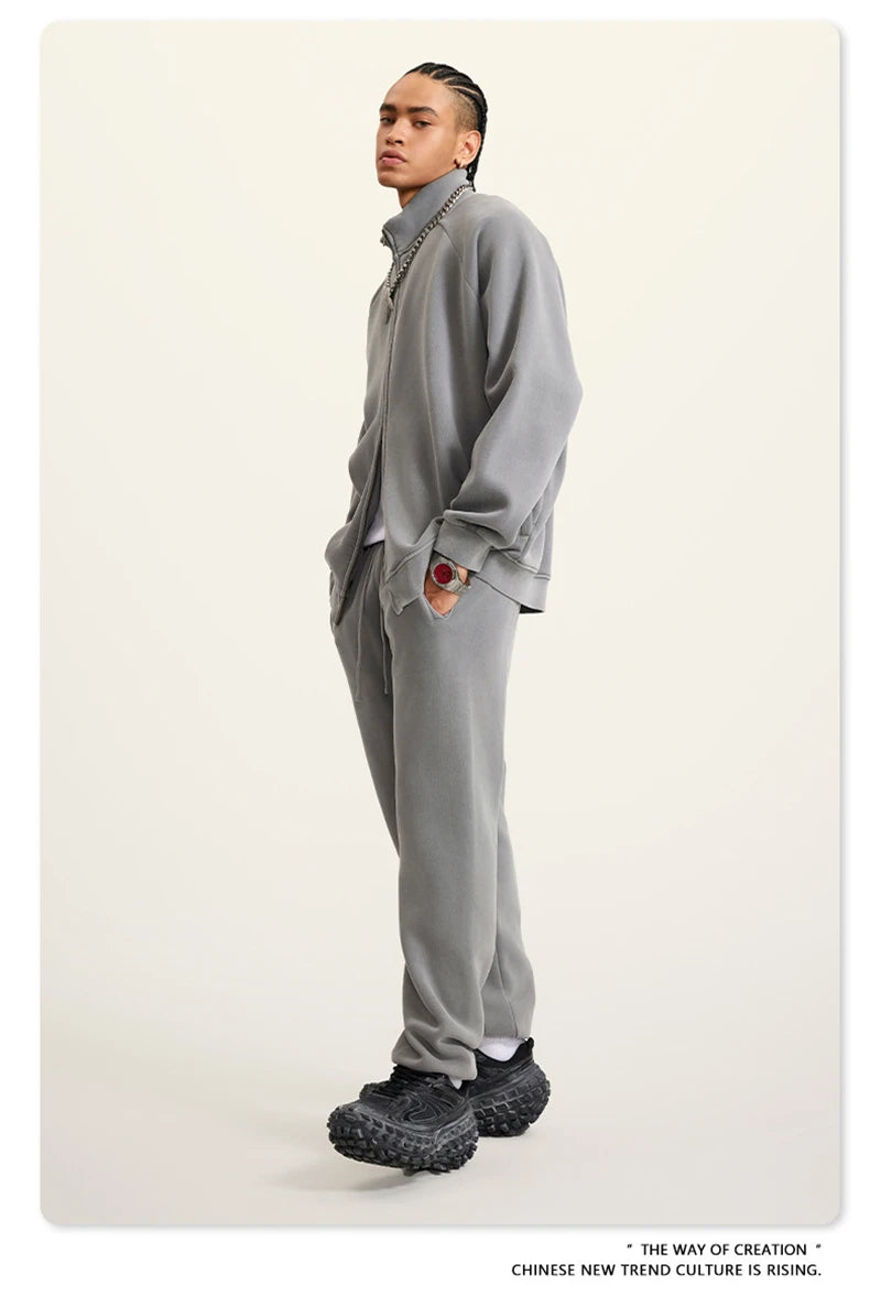 ZODF Retro Winter Men Washed Fleece Zipper Jackets Unisex Loose Oversized 400gsm Raglan Sleeve Coats Streetwears HY0649