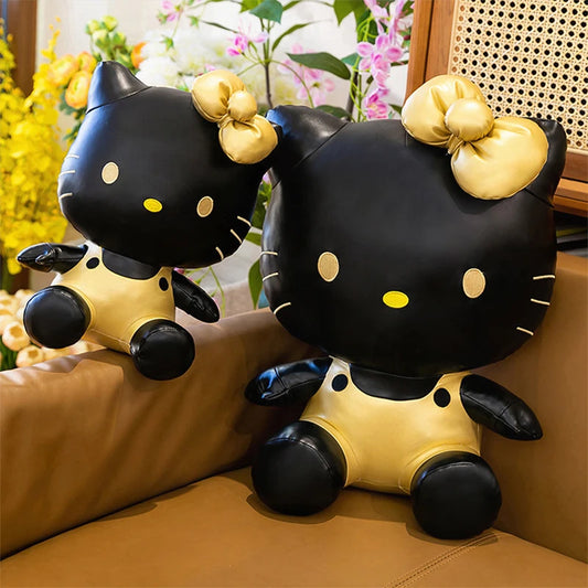 Cute Hello Kitty Plush Toy Black Gold Leather Cute Stuffed Animal Doll Kids Birthday Xmas Gift for Girls Plushie Pillow Present
