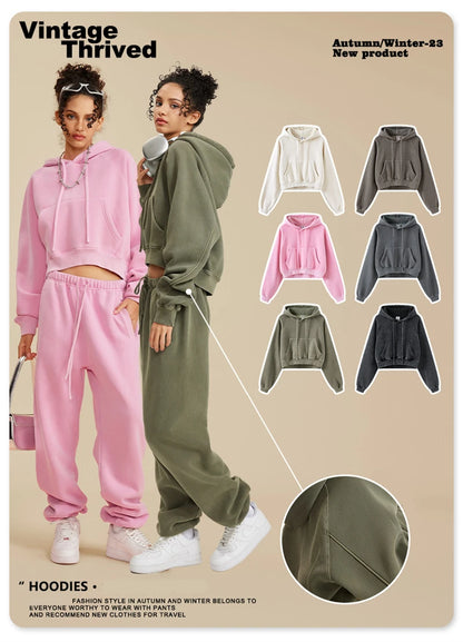 ZODF Women Hotsweet 2025 Winter Washed Fleece Crop Hoodies Girls Oversized Raglan Sleeve 400gsm Hooded Pullovers HY0648