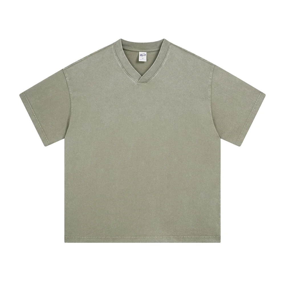 ZODF 2025 Men Summer 250gsm Batik Washed Cotton T-Shirts Retro Unisex Oversized V Neck Distressed T Shirt Brand Tees HY1067