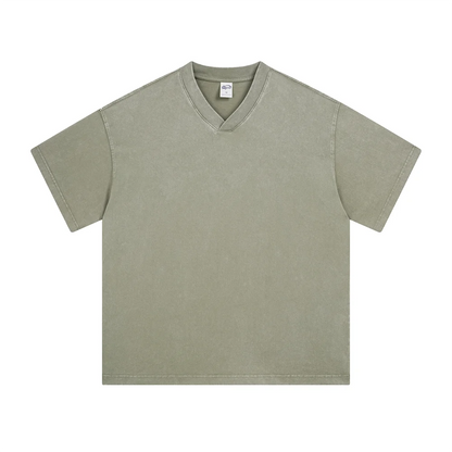 ZODF 2025 Men Summer 250gsm Batik Washed Cotton T-Shirts Retro Unisex Oversized V Neck Distressed T Shirt Brand Tees HY1067