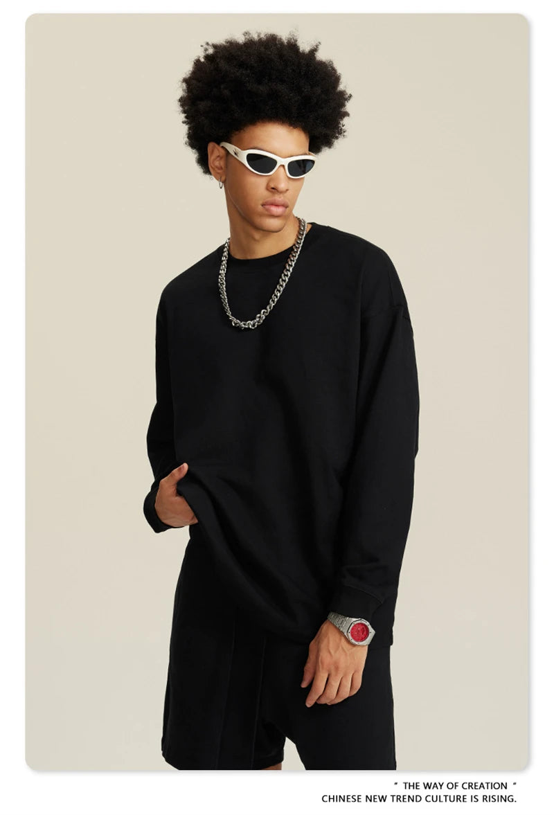 ZODF NEW Autumn Men's Solid Full Sleeve T Shirts Unisex Loose Oversized Casual 305GSM Cotton Basic T-Shirt Brand TEE HY0209