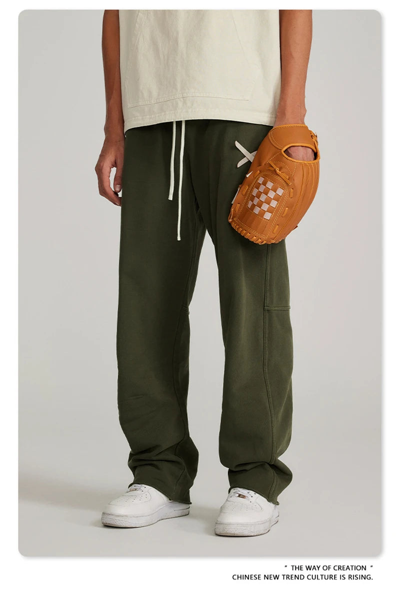 ZODF 2023 Spring Men 380gsm Washed Cotton Pants American Retro Unisex Loose Edge Oversized Straight Trousers Streetwears HY0537