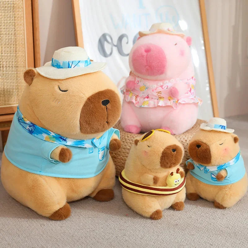 Pink Capybara Plush Toy Stuffed Seaside Beach Dress Blue Shirt Swim Ring Bee Decor Capibara Plushie Boy Hawaii Vacation Style