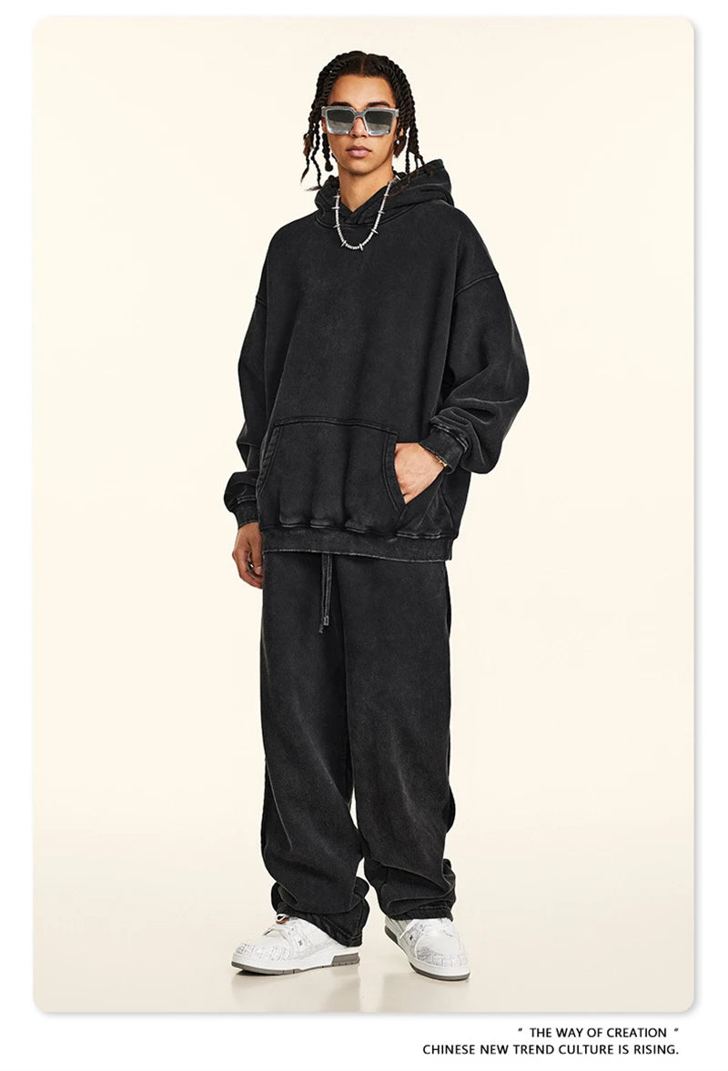 ZODF Retro Men’s Winter Washed Fleece Hoodie 360gsm Warm Knitted Loose Hooded Pullover Streetwear HY0887