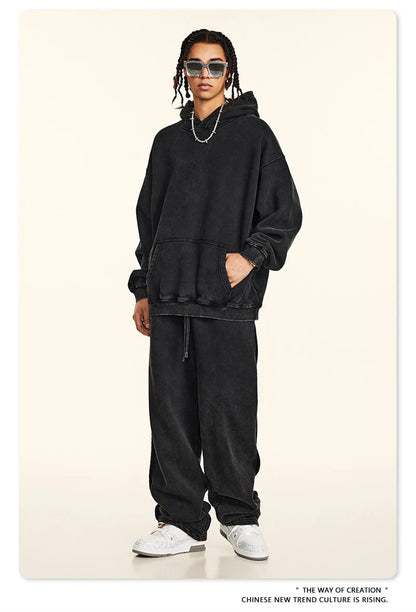 ZODF Retro Men’s Winter Washed Fleece Hoodie 360gsm Warm Knitted Loose Hooded Pullover Streetwear HY0887