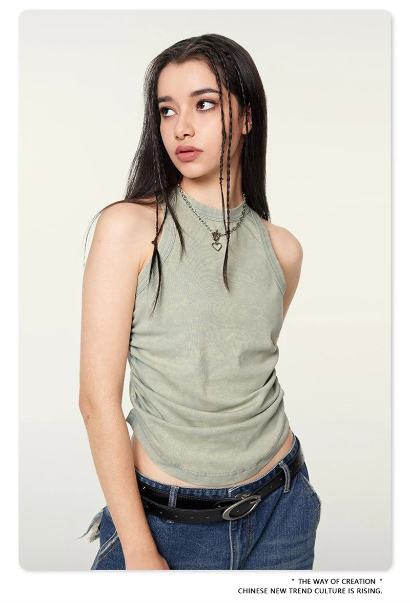 ZODF Women 2024 Summer Washed Tank Tops Female Hotsweet Girls 235gsm Slim Pleated Arc Hem Camisole TEE Streetwears HY0795