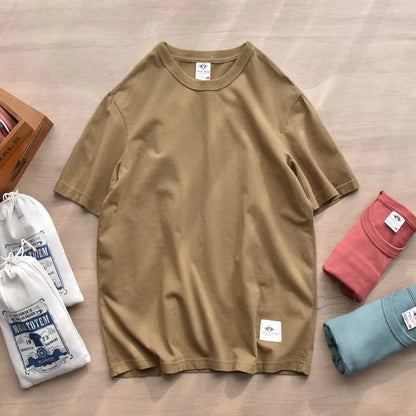 Summer New American Retro Short-sleeved O-neck Soild Color T-shirt Men's Fashion Simple 100% Cotton Washed Casual Sport Tops