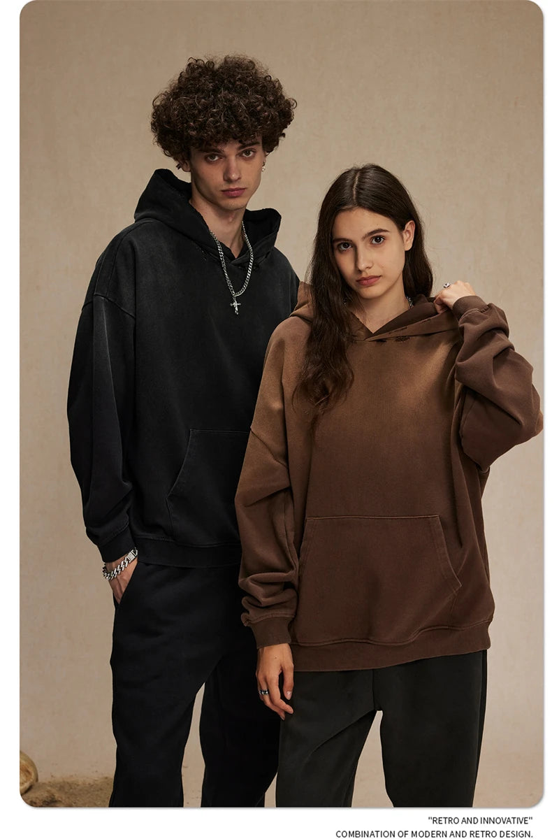 ZODF Retro Men's Heavyweight Gradient Washed Hoodies Unisex Loose Distressed Holes 450gsm Knitted Hooded Pullovers HY0891