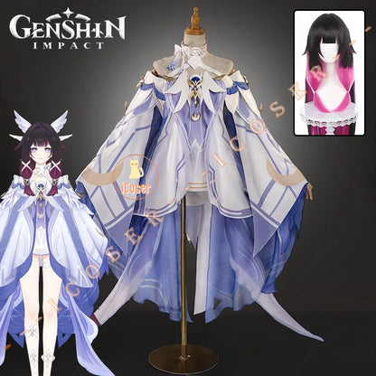 Genshin Impact Columbina Cosplay Costume Wig The Damselette Dress Uniform Headwear Eleven Fatui Harbingers Halloween Women Girls