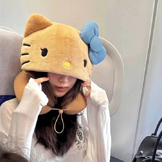 Sanrio Hello Kitty Hooded Neck Pillow Travel Pillow For Airplane Train Car Soft Plush Sleeping Support With Adjustable Hood Gift