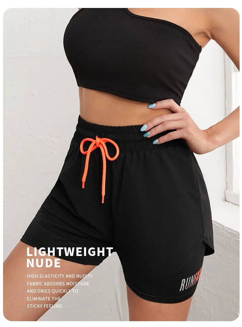 Women’s High Rise Elastic Waist Yoga and Running Shorts Fake Two-Piece Design