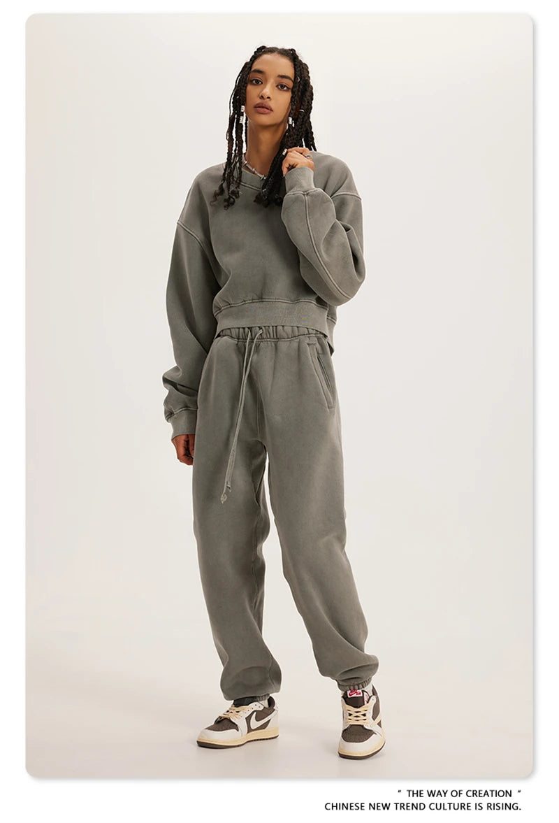 ZODF Winter Women Short Fleece Cropped Sweatshirts Girls Female Hip Hop Loose 400gsm V-Neck Pullovers Brand Tops HY0437