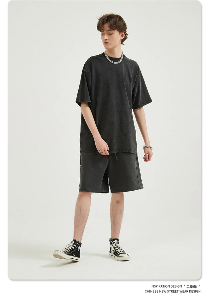 ZODF Men 2024 Retro Summer Washed Solid Cotton T-Shirts Unisex Retro Loose High Street 250gsm Basic Tees Streerwears HY0075