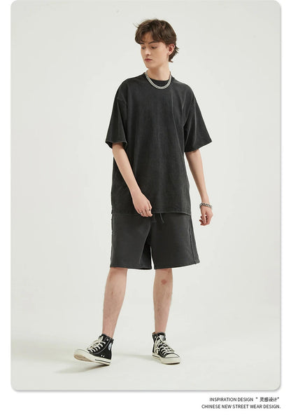 ZODF Men 2024 Retro Summer Washed Solid Cotton T-Shirts Unisex Retro Loose High Street 250gsm Basic Tees Streerwears HY0075