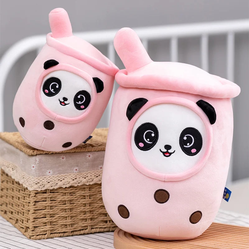 Cartoon Animals Shape Boba Stuffed Panda Polar Bear Shark Bubble Tea Plush Doll Hug Throw Pillow for Kids Round Ball Soft Drink
