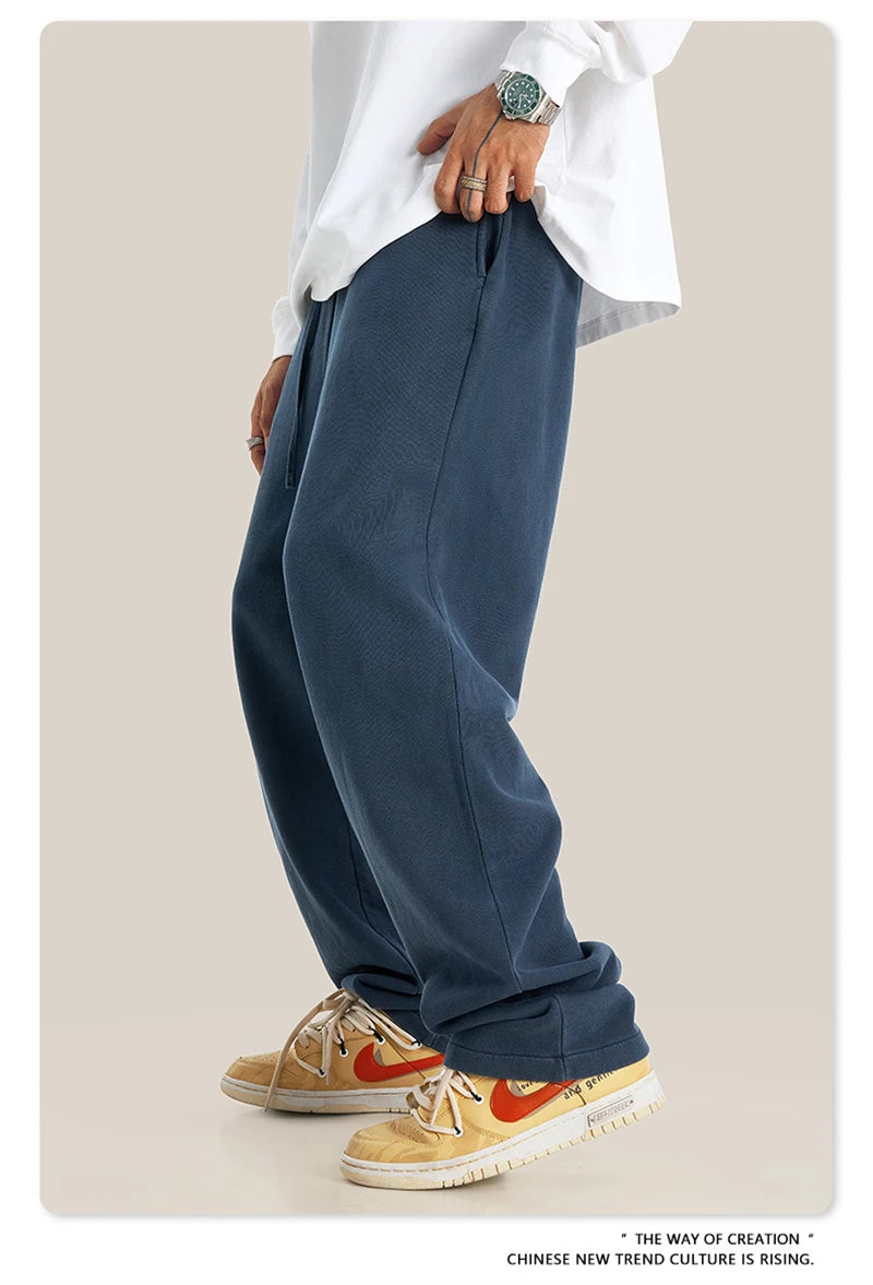 ZODF Retro Men Autumn Washed 380gsm Cotton Unisex High Street Oversized Solid Sport Straight Pants HY0885