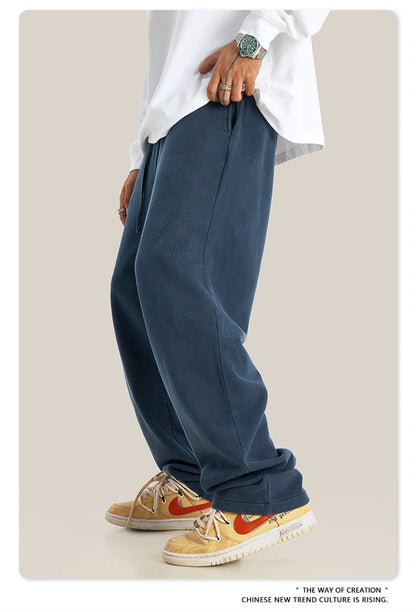 ZODF Retro Men Autumn Washed 380gsm Cotton Unisex High Street Oversized Solid Sport Straight Pants HY0885