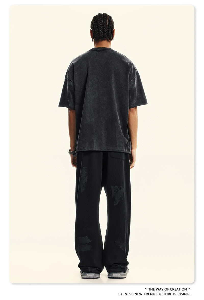 ZODF America Retro Summer 100% Cotton T-Shirts For Men Unisex Washed 310gsm Comfortable High Street Printing T Shirt Tops HY0862