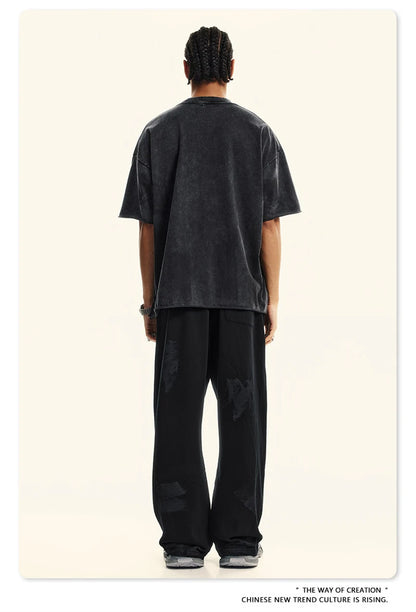 ZODF America Retro Summer 100% Cotton T-Shirts For Men Unisex Washed 310gsm Comfortable High Street Printing T Shirt Tops HY0862