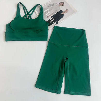 2 Pieces Yoga Shorts Gym Sports Sets Women Fitness Suits Cross Back Bra Top High Waist Shorts Running Workout Clothes Tracksuit