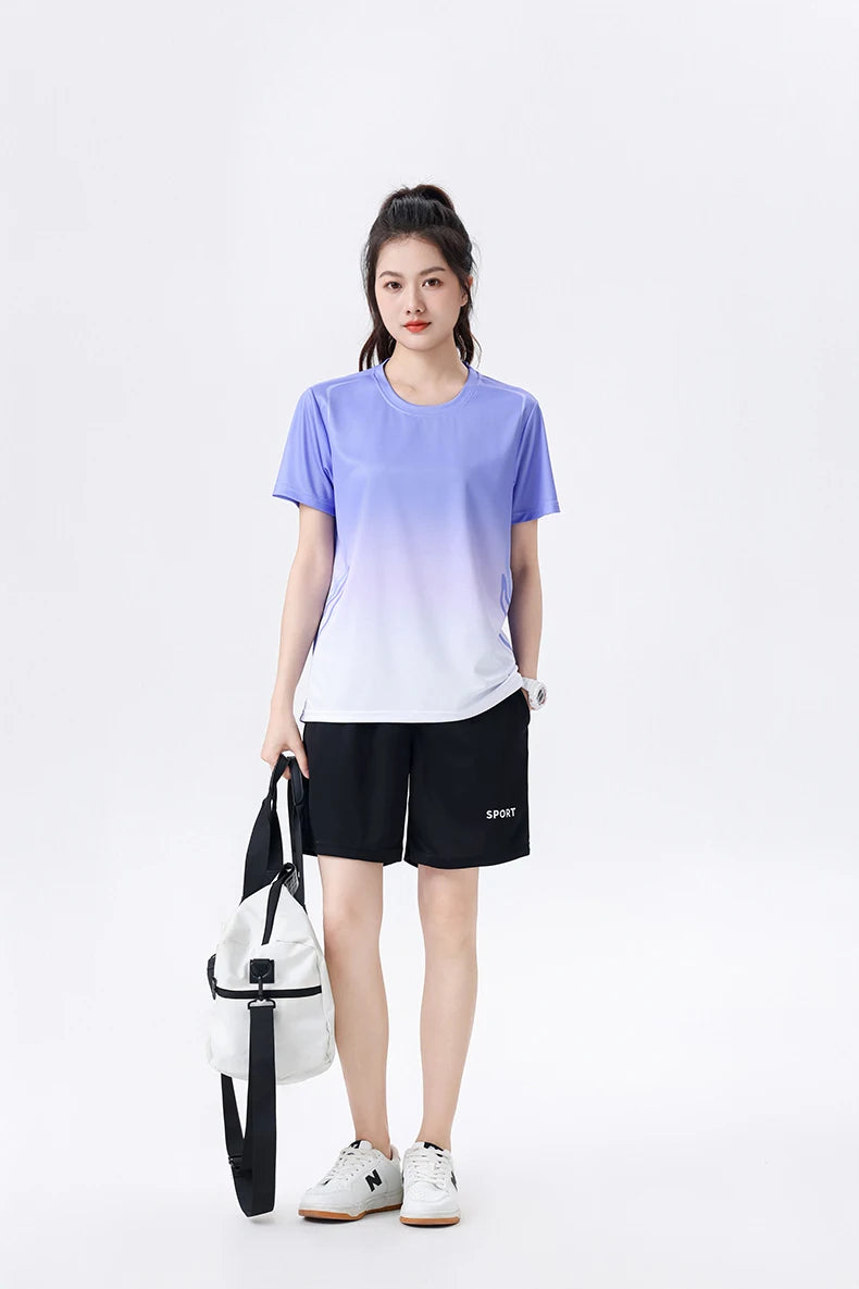 Chrlck Unisex Gradient Quick-Dry Ice Silk Fitness T-Shirt and Shorts Set for Running Gym Training