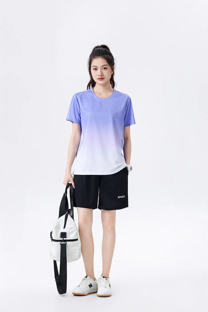 Chrlck Unisex Gradient Quick-Dry Ice Silk Fitness T-Shirt and Shorts Set for Running Gym Training