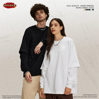 ZODF Fashion Spring Autumn Men 100% Cotton T-Shirt Unisex Fake 2-Piece 305gsm Solid Full Sleeve O Neck T Shirt Brand Tees HY0925