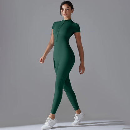 Naked zipper short sleeved yoga suit jumpsuit, quick drying breathable outdoor sports tight fitting jumpsuit, fitness suit