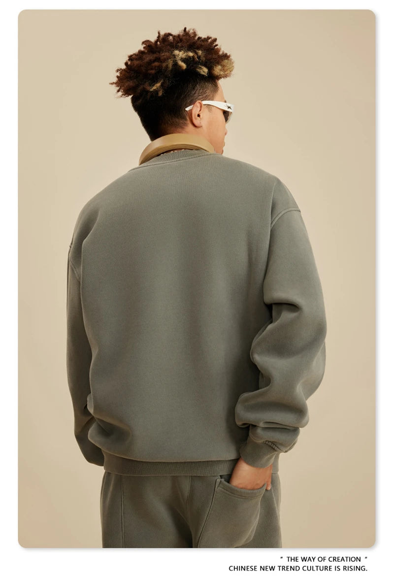 ZODF New Men Winter 355gsm Washed Fleece Sweatshirts Retro Unisex Oversized Solid O-Neck Warm Pullovers Coat Streetwears HY0639
