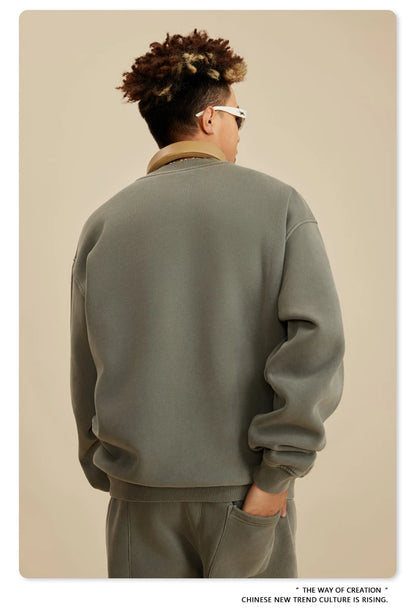 ZODF New Men Winter 355gsm Washed Fleece Sweatshirts Retro Unisex Oversized Solid O-Neck Warm Pullovers Coat Streetwears HY0639