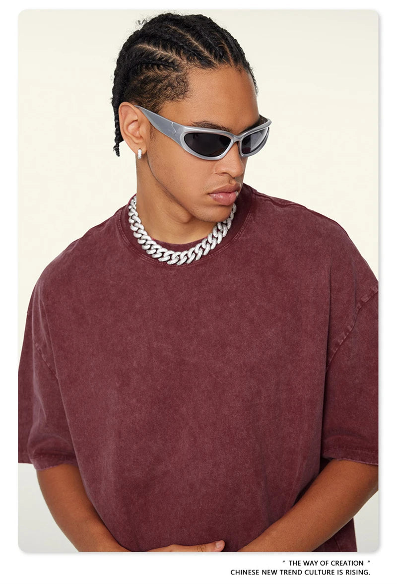 ZODF New Summer Men Washed Batik Cotton T Shirts Unisex American Retro High Street 270gsm Short Sleeve Tees Streetwear HY0489