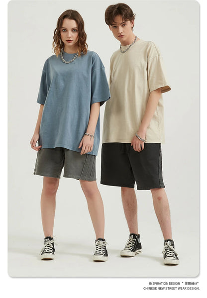 ZODF Men 2024 Retro Summer Washed Solid Cotton T-Shirts Unisex Retro Loose High Street 250gsm Basic Tees Streerwears HY0075