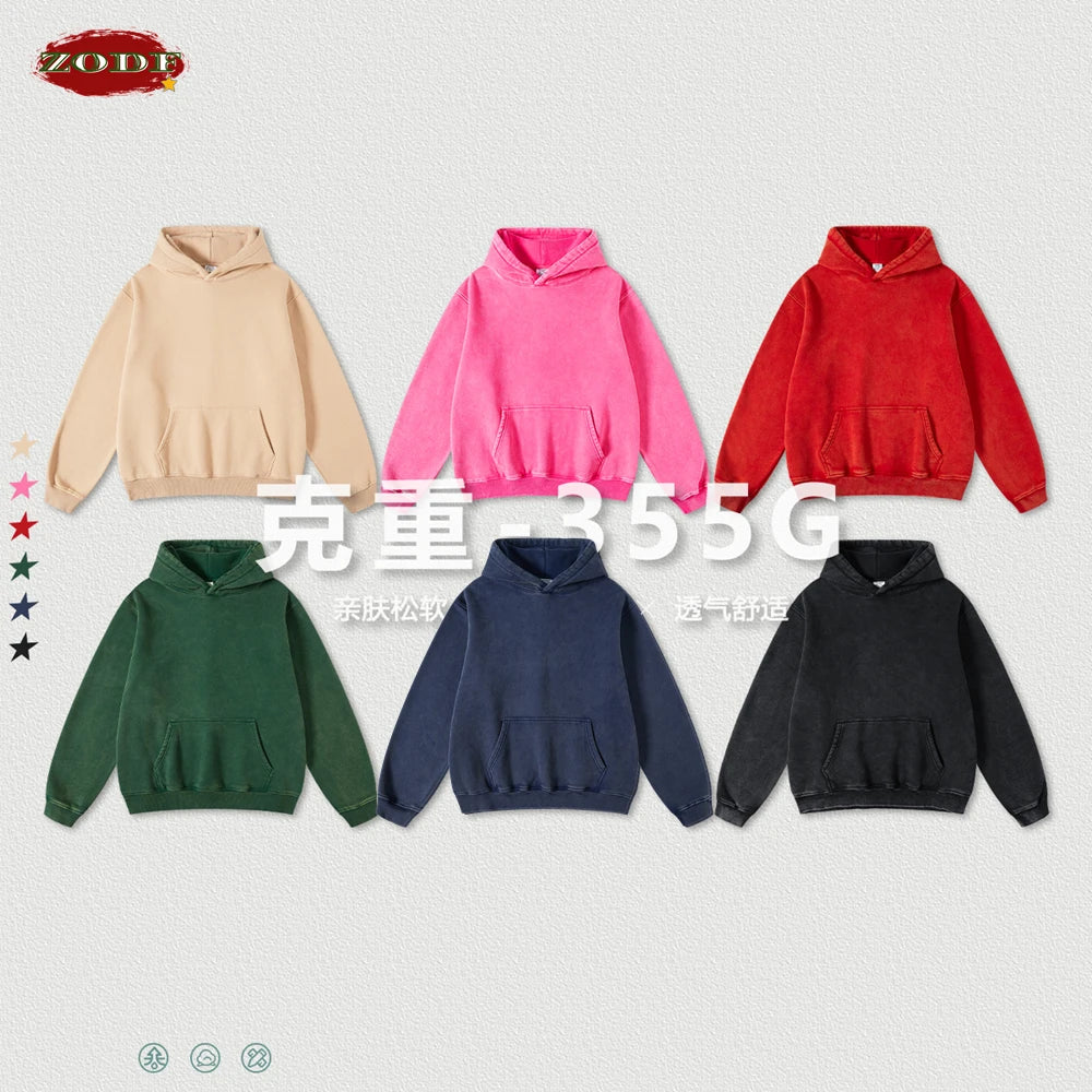 ZODF Winter Autum Men's Washed 400gsm Fleece Hoodies Unisex Couple Retro Oversized Ripped Hooded Sweatshirts Pullovers HY0652