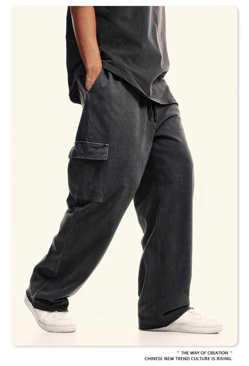 ZODF New 2024 Spring Summer 358gsm Cotton Cargo Pants For Men Unisex Casual Washed Straight Multi-Pockets Loose Trousers HY0829