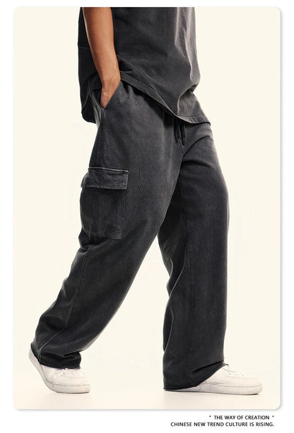 ZODF New 2024 Spring Summer 358gsm Cotton Cargo Pants For Men Unisex Casual Washed Straight Multi-Pockets Loose Trousers HY0829