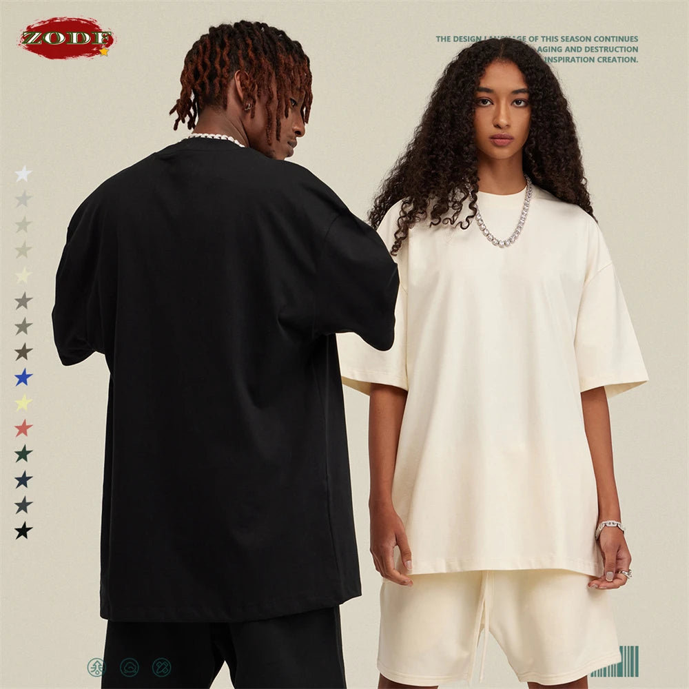 ZODF New 2025 Heavy Weight 305gsm Solid Cotton T Shirts For Men Unisex Summer Oversized Noshrink Basic T-Shirt Brand Tops HY0475