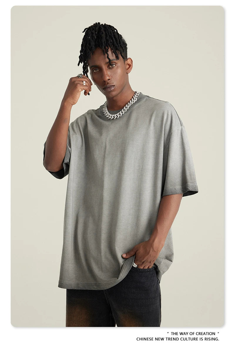 ZODF 2023 Men's Summer 255G Wash Gradient Fried Cotton T Shirt Round Neck Short Sleeve American Retro Loose T-Shirt HY0547